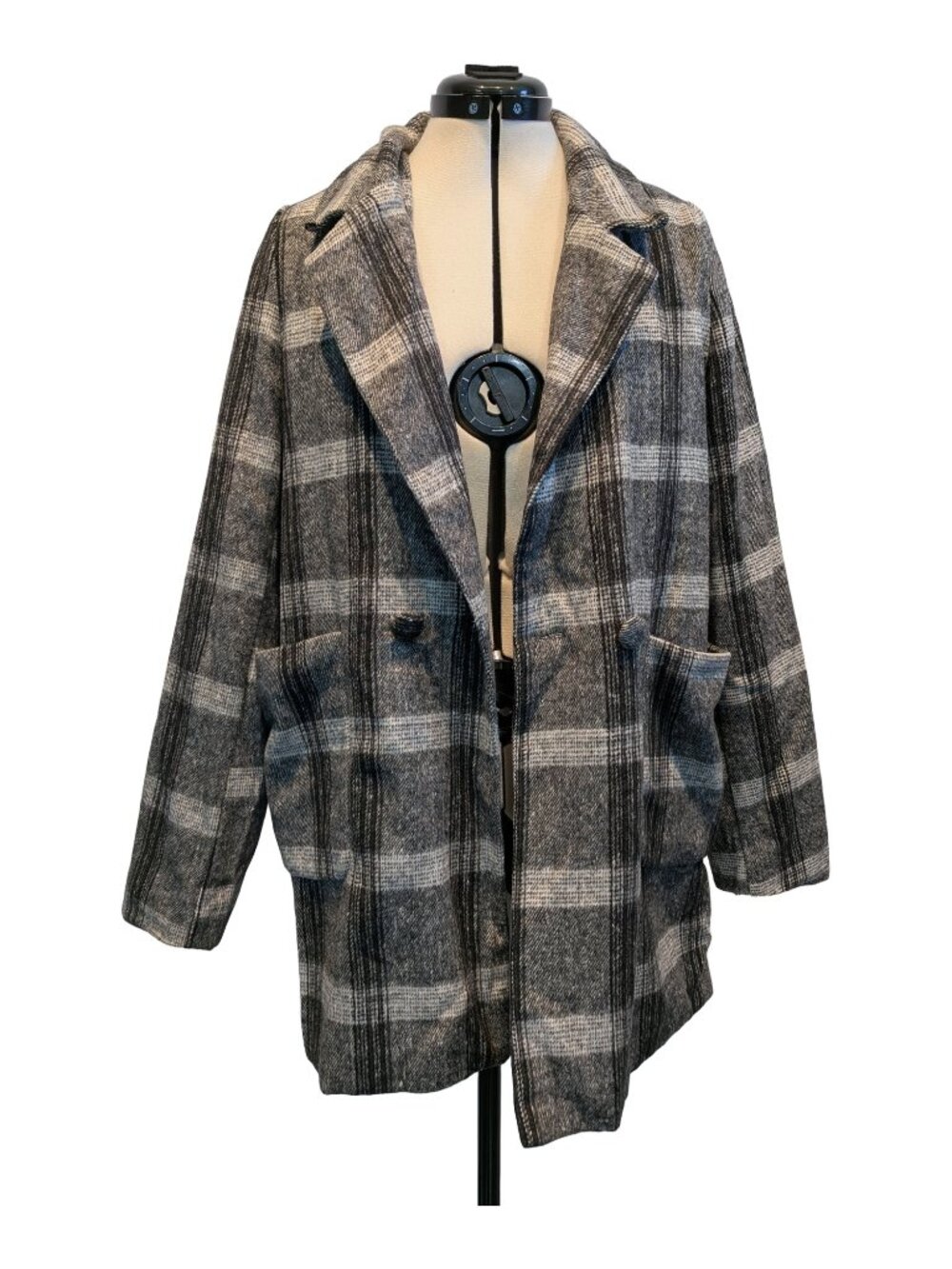 Camellia Gray Black Cream Plaid Lined Button Front Coat Women's Small